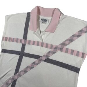 vintage marcia originals geometric plaid golf polo pink collar USA Sz Large